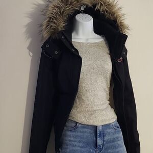 Hollister All-Weather Waist-Length Hooded Bomber Jacket Size: L Color: Black